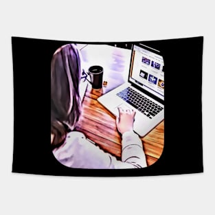 Woman working white coat and laptop make money Tapestry
