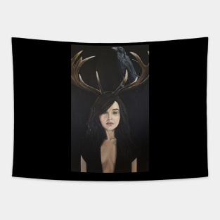 Beautiful woman finding comfort in darkness, in solitude, raven spirit animal Tapestry