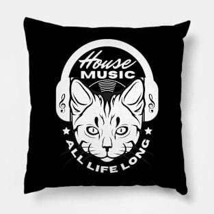 HOUSE MUSIC  - Headphone Cat  (White) Pillow