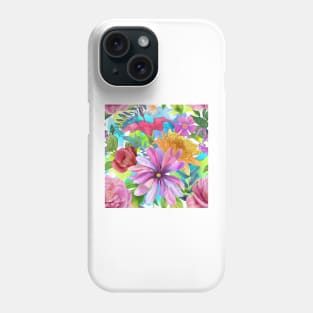 Tropical flowers watercolor print. Hibiscus, Peony, Star Magnolia, Chrysanthemum flowers. Colorful summer jungle Phone Case