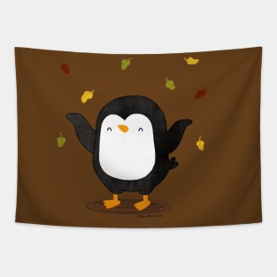 Penguin having fun with autumn leaves 2 Tapestry