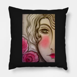 art deco pink lady girl doll dolly face rose pink grey Pillow