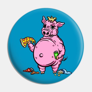 Fat Pig eating Pizza Crisps and Junk Food Logo Mascot Cartoon Pin