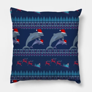 Merry Christmas Ugly Sweater Design with Dolphin in Santa Hats Pillow