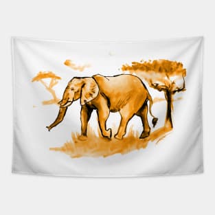 African Elephant at Sunset in Ink Tapestry