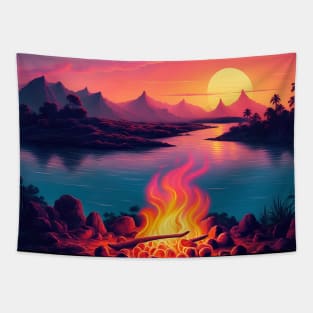 80s Style A Camping Fire in a Beautiful Beach Sunset Retro Vintage Travel Artwork Tapestry