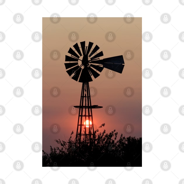 Kansas Smokey  Sunset with a Windmill silhouette by ROBERTDBROZEK