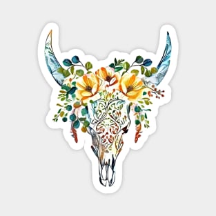 Cow Skull and Crown eucaliptus leaves and little flowers, boho, bull skull Magnet