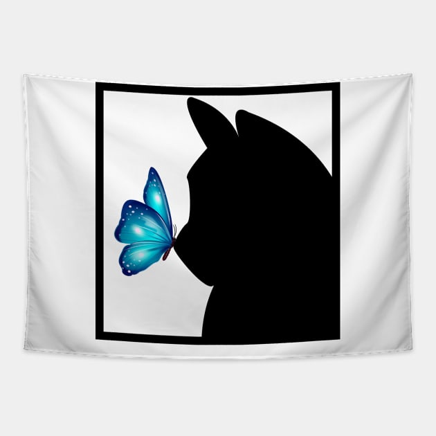 Blue Butterfly sitting on nose of Black Cat Tapestry by Blue Butterfly Designs 