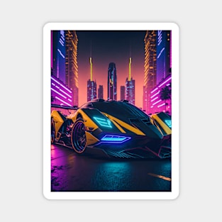 Dark Neon Sports Car in Japanese Neon City Magnet