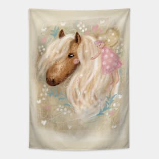 Cute dreaming romantic horse with flowers and a little girl. Tapestry