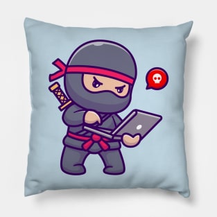 Cute Ninja Working On Laptop Cartoon Pillow