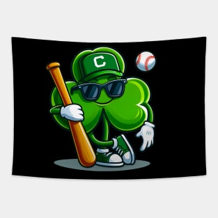 A funny and cute way to celebrate Irish culture and baseball on St. Patty’s day. This graphic shows a shamrock leaf character playing baseball with a smile Tapestry