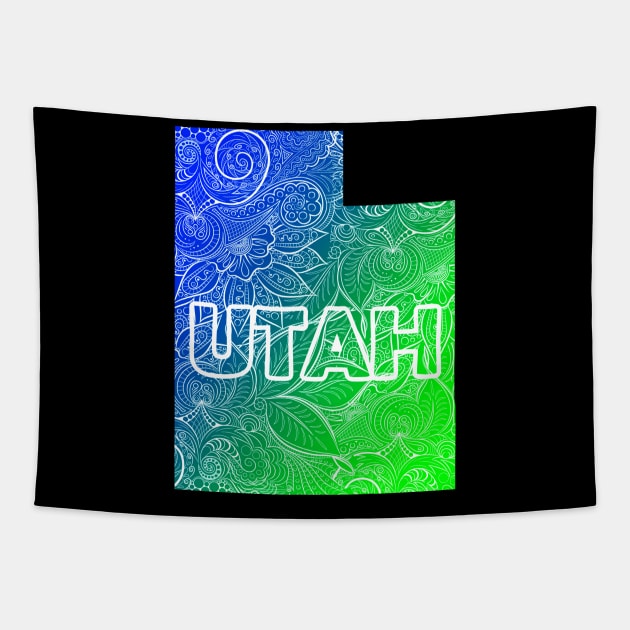 Colorful mandala art map of Utah with text in blue and green Tapestry by Happy Citizen