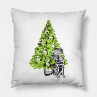 Rottweiler Christmas scene with Christmas tree and Santa hat Pillow