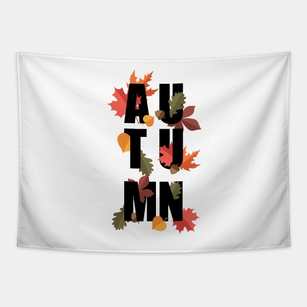 Autumn word and leaves BLACK Tapestry by PrintablesPassions