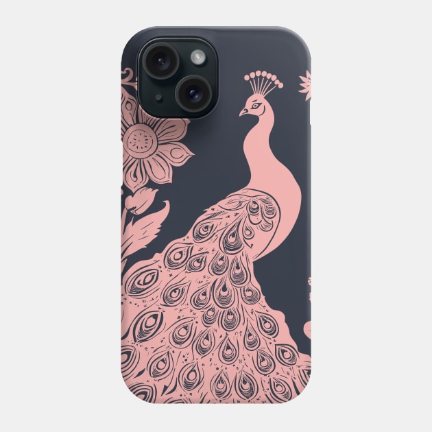 Pink block print of an american peacock Phone Case by craftydesigns