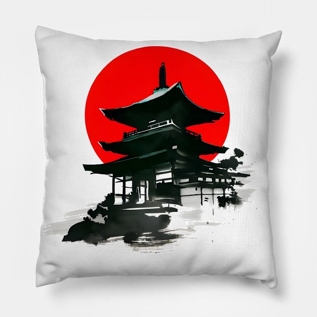 Japanese Temple With Red Circle Sumi e Ink Art Pillow by Ravenglow