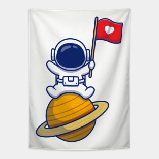 Cute Astronaut Sitting On Planet With Love Flag Tapestry