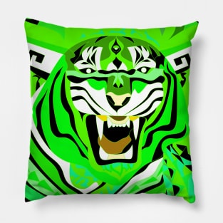 white tiger art in zentangle totonac ecopop in bright green light Pillow