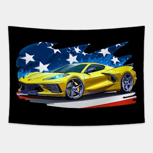 Yellow C8 Corvette Fourth of July American Flag Supercar Racecar Muscle Car Sportscar July 4th Accelerate Yellow Corvette C8 Tapestry