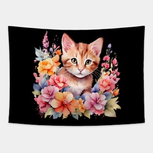 A cat decorated with beautiful watercolor flowers Tapestry