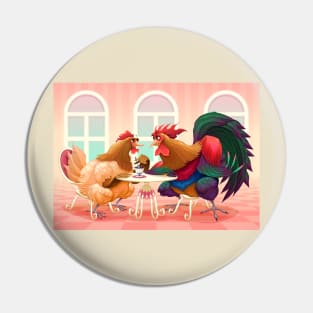 Hen and rooster in a cafè Pin