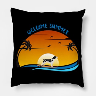 Welcome Summer with Britanny Spaniel Dog on Surf and Summer Landscape with Palm, Sunset Sky and Sea Pillow