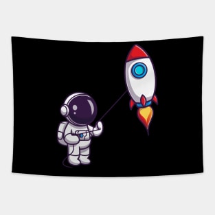 Cute Astronaut Playing Rocket Kite Cartoon Tapestry