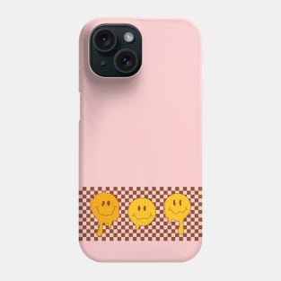 Hippie groovy melting smile faces on checkered background with distorted squares. Psychedelic Melted Smiley Face pattern. Phone Case