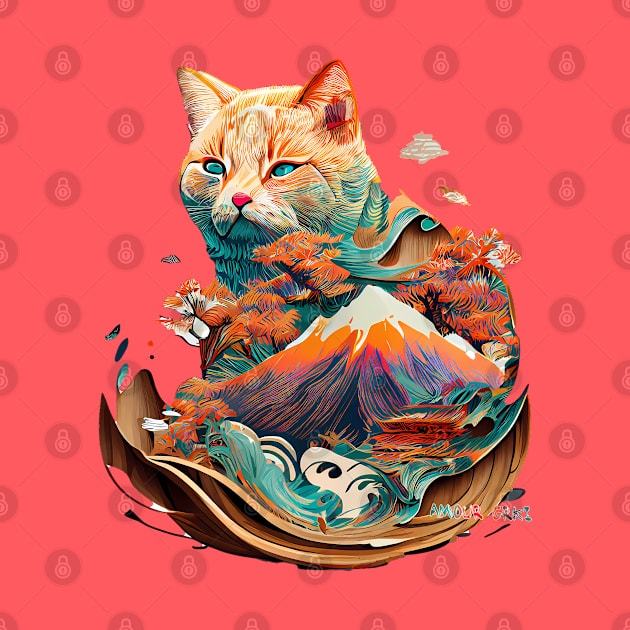 Mt Fuji Wise Yokai Cat Watercolors by Amour Grki