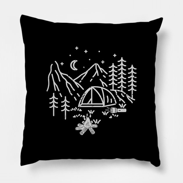 Camping Funny Tent Sunset Vintage Artsy Pillow by Flowering Away