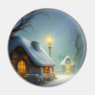 Magical Fantasy Cottage with Lights In A Snowy Scene, Scenery Nature Pin