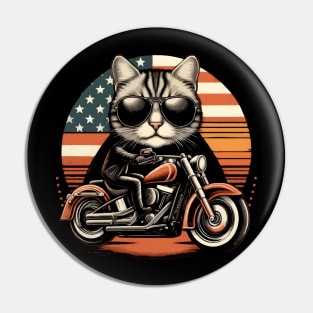 Funny Biker Cat Dad Motorcycle Rider Cat Lover Biker USA Flag Pin