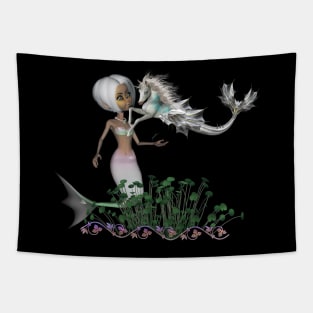 Cute little mermaid with little seahorse Tapestry