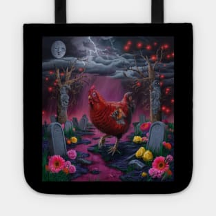 AI generated red striped chicken in graveyard Tote