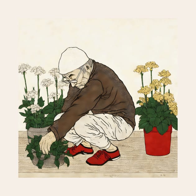 Asian painting. An elderly man plants flowers by KOTYA