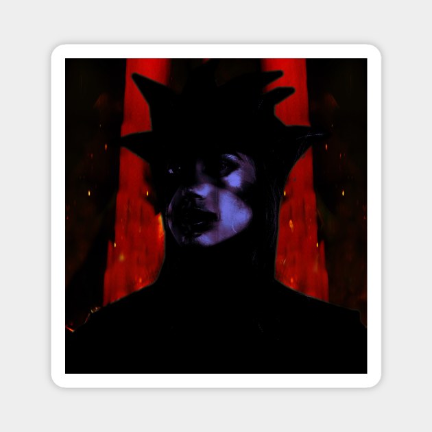 Beautiful girl in strange dark suit, with face mask. Red castle or rock on background. Red, blue. Dark, dim. Magnet by 234TeeUser234