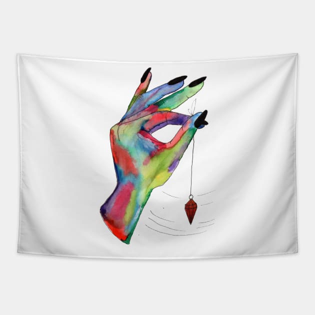 colorful hand holding pendulum Tapestry by jennross76