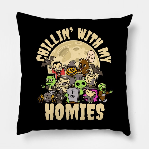 Chilling With My Halloween Homies Pillow by NerdShizzle