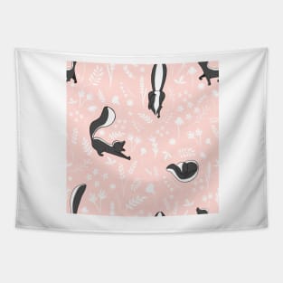 Skunks and White Flowers on Pink Tapestry