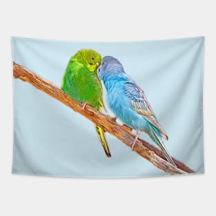 Cute budgies beaking Tapestry