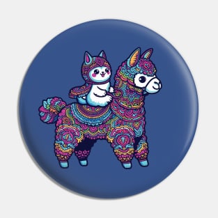 Cartoon white cat riding alpaca Pin