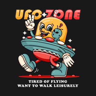 Ufo Zone, a cartoon alien mascot carrying a leisurely walking ufo T-Shirt