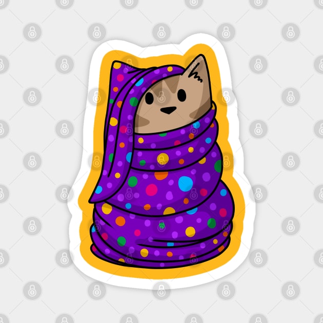 Brown tabby cat wrapped in purple blanket Magnet by Doodlecats 