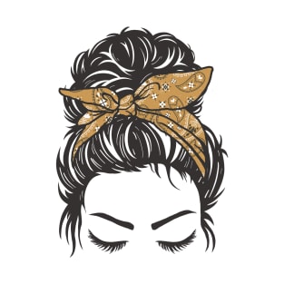 Messy Bun Girl Brown Paisley Bandana T-Shirt