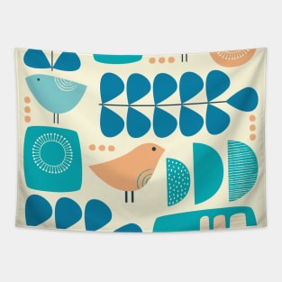 Retro Mid Century Modern Bird and Leaves Tapestry