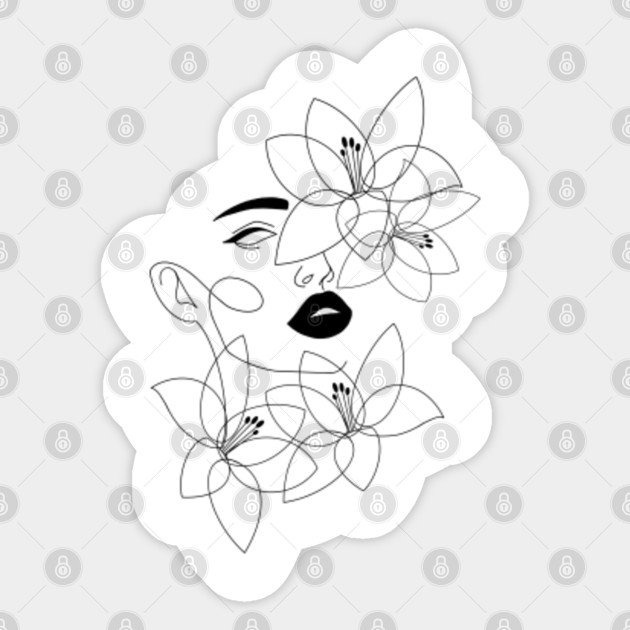 Female Face In Flowers Line Art One Line Art Sticker Teepublic