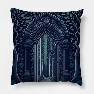 Arched door in a forest with trees. Pillow