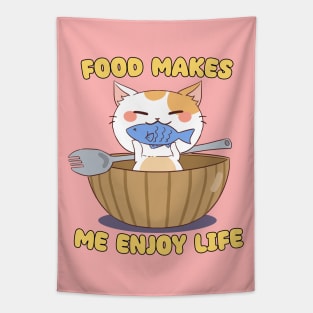 Food Makes Me Enjoy Life - Cat Happily Eating Fish Tapestry